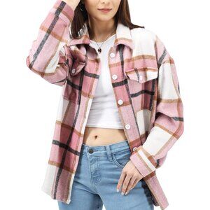 Women's Light Pink Flannel Shacket - Versatile Casual Button-Up for All Seasons